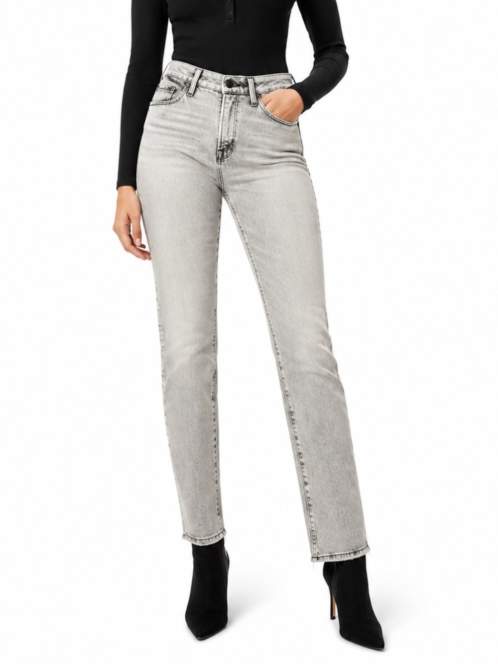 Good American Good Girlfriend High Rise Jeans 0/25 Faded Black Raw Hem ❤️
